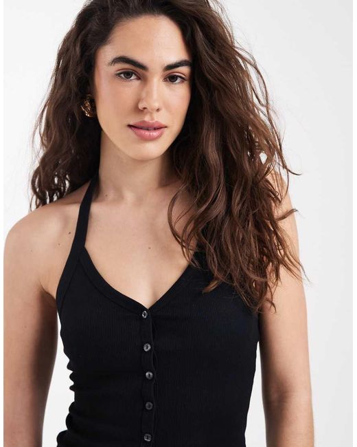 New Look Black Halter Neck Button Through Top