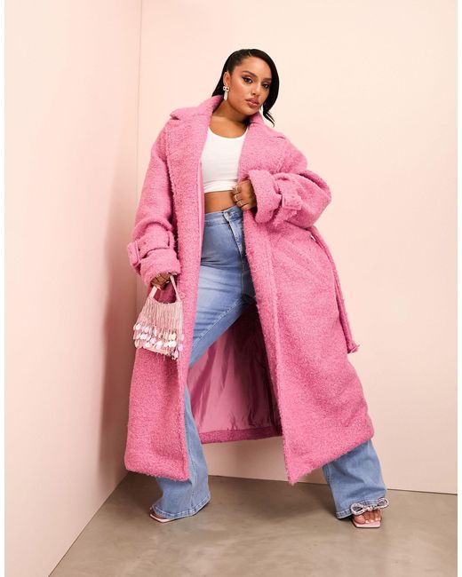 ASOS Curve Borg Long Line Trench Coat With Belted Waist in Pink | Lyst UK