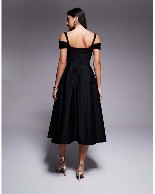 ASOS Black Midi Dress With Full Skirt And Velvet Inserts