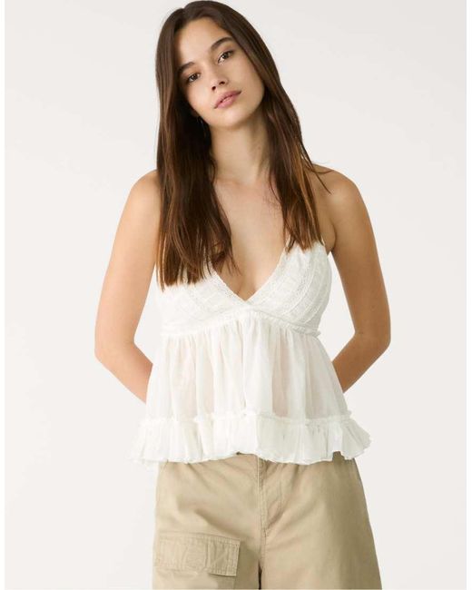 Stradivarius White Loose-fitting Halter Top With Embroidery