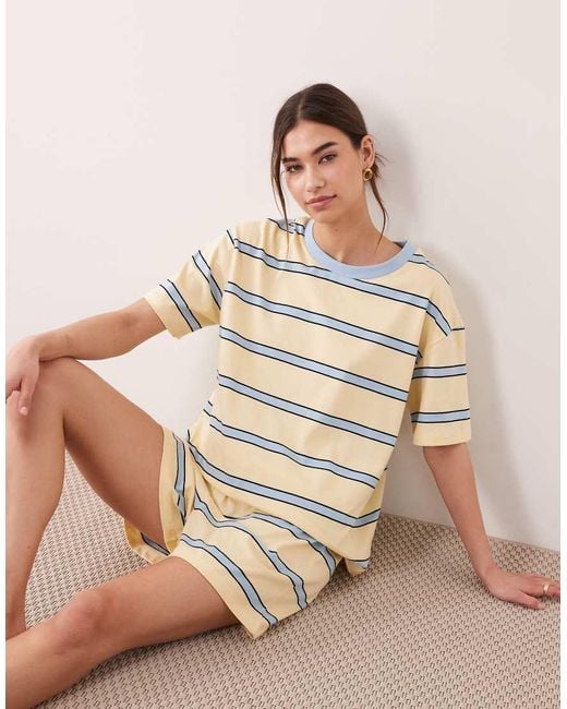 ASOS Natural Oversized Tee And Short Pyjama Set With Blue And Stripes