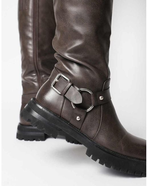 SIMMI Brown Benton Knee High Chunky Biker Boots