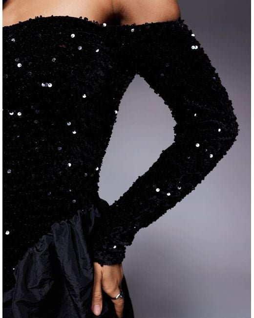 ASOS Black Sequin Long Sleeve Bardot Bubble Hem Mini Dress