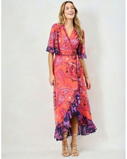 Hope & Ivy Red The Zella Contrast Frill Maxi Wrap Dress