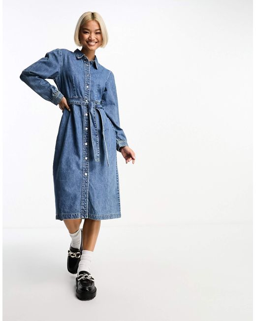 ONLY Belted Denim Midi Dress in Blue Lyst Canada