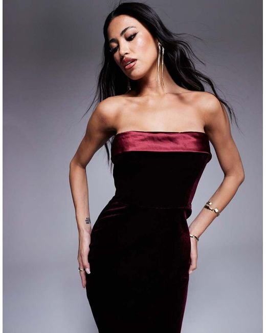 In The Style Black Velvet Bandeau Midi Dress With Contrast Satin Foldover Detail