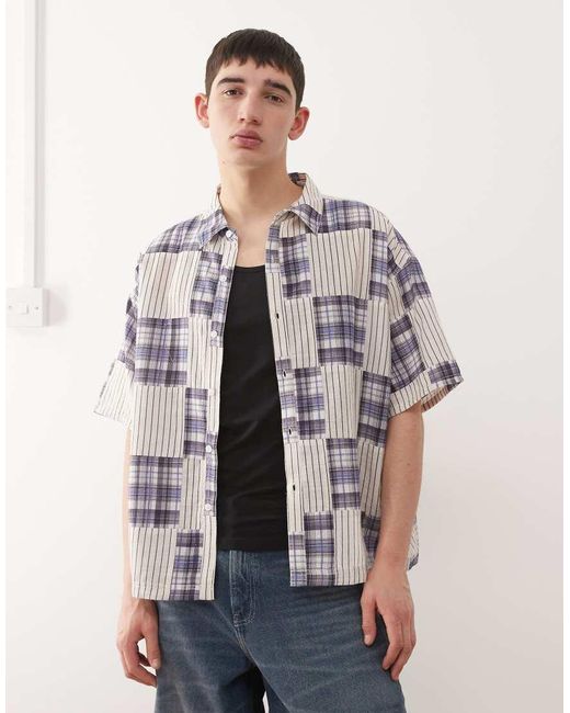 Reclaimed Vintage Natural Short Sleeve Boxy Shirt With Spliced Stripe And Check for men