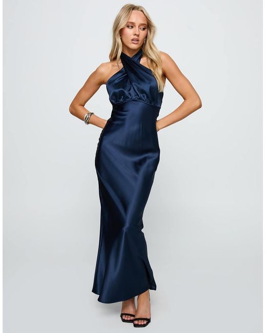Princess Polly Rosaminta Satin Twist Front Halterneck Open Back Tie Detail Maxi  Dress in Blue | Lyst