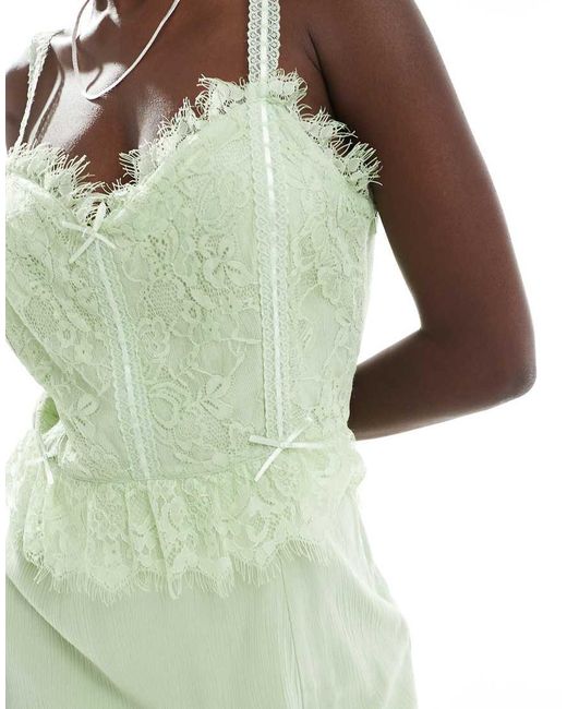 Miss Selfridge Green Cheesecloth Maxi Corset Dress With Ribbon Trims