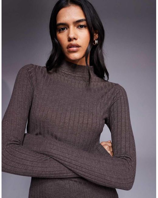 ASOS Purple Ribbed High Neck Mini Dress With Tie Waist Chocolate