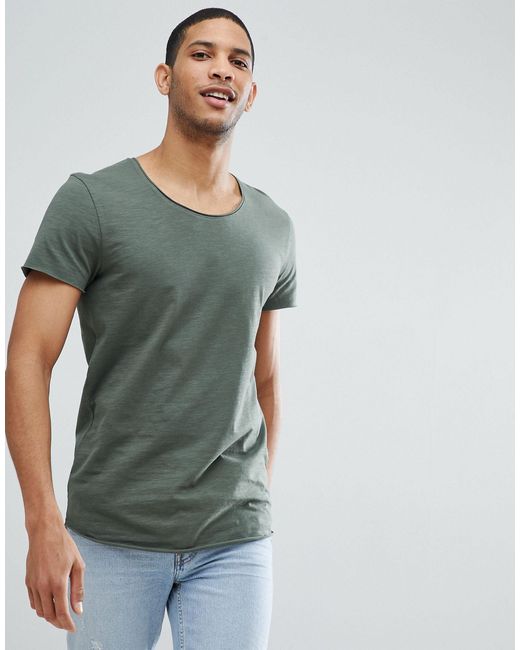 Jack & Jones – Essentials – Lang geschnittenes T-Shirt mit U-Ausschnitt in Green für Herren