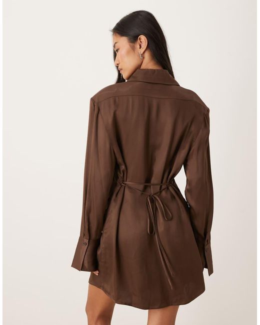 ASOS Natural Shoulder Pad Shirt Mini Dress With Tie Back