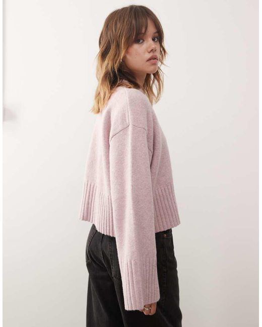 Monki Pink Crew Neck Knitted Jumper With Ribbed Cuffs And Hem Detail