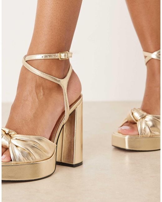 Asos Design Wide Fit Natural Nutshell Knotted Platform Block Heel Sandals