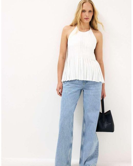 NA-KD Blue Linen Blend Pleated Halterneck Top