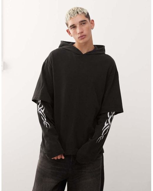 Felpa Nera A Doppio Strato Con Cappuccio, Maniche Lunghe E Stampa Grafica di Weekday in Black da Uomo