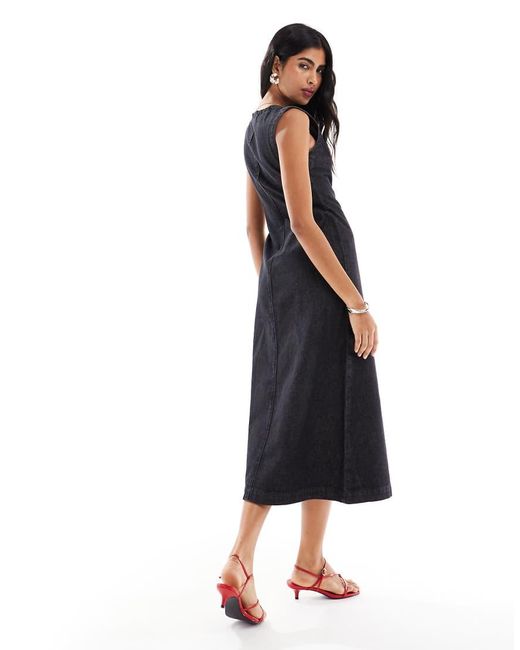 ASOS Denim Maxi-Jurk Met Ronde Hals En Knoopsluiting Aan De Voorkant in het Black
