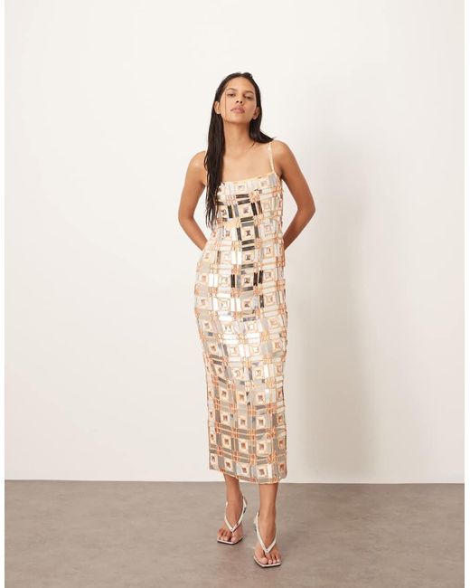 Vestido Midi De Corte Recto Y Tirantes Con Patrón Geométrico Con Abalorios De ARRANGE de color Natural
