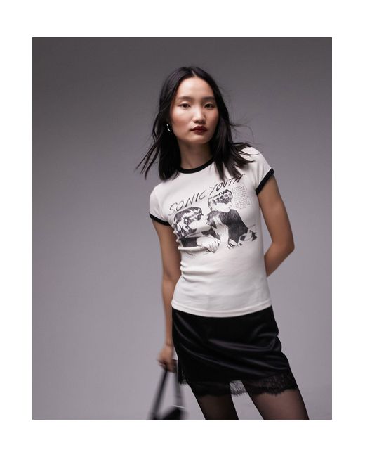 TOPSHOP Gray Graphic License Sonic Youth Longline Tee Ecru