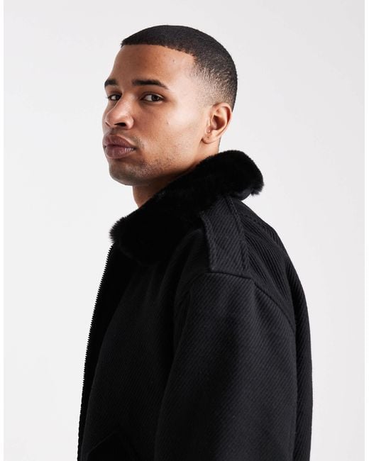ASOS Black Wool Look Bomber Jacket With Faux Fur Collar for men
