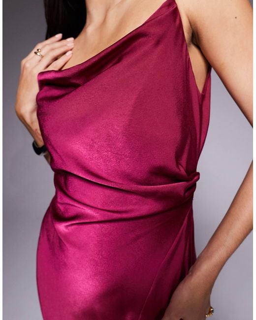 ASOS Red Satin Drape Ruffle Detail Midi Dress With Asymmetric Back