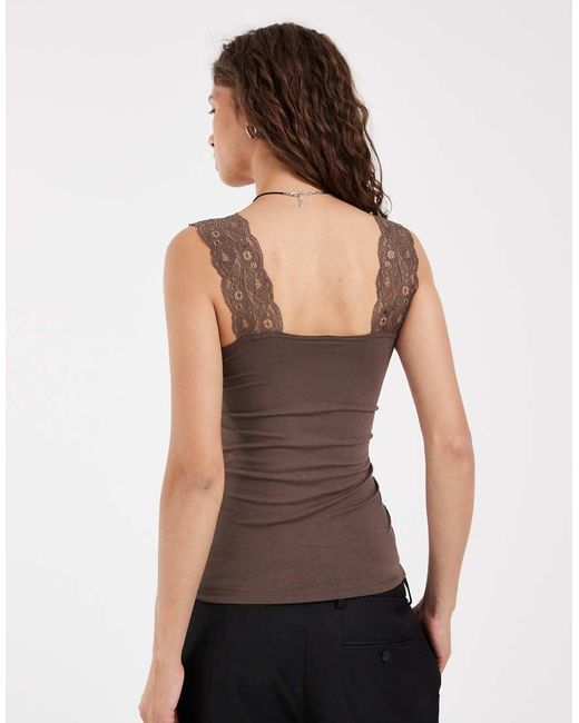 Pieces Brown V-neck Lace Trim Singlet