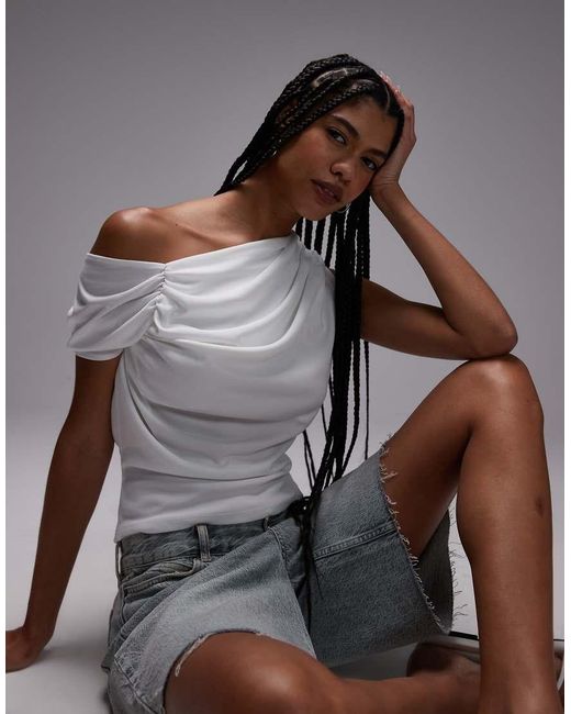 TOPSHOP Gray Ruched Detail One Shoulder Top