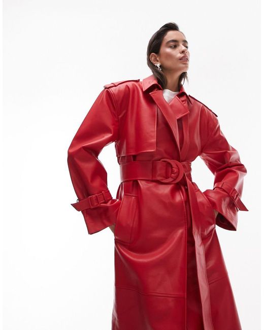 TOPSHOP Red Long-line Faux Leather Trench Coat