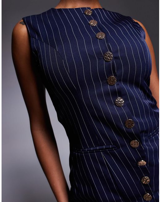 Kaiia Blue Exclusive Sleeveless Hammered Gold Button Detail Waistcoat Top Co-ord