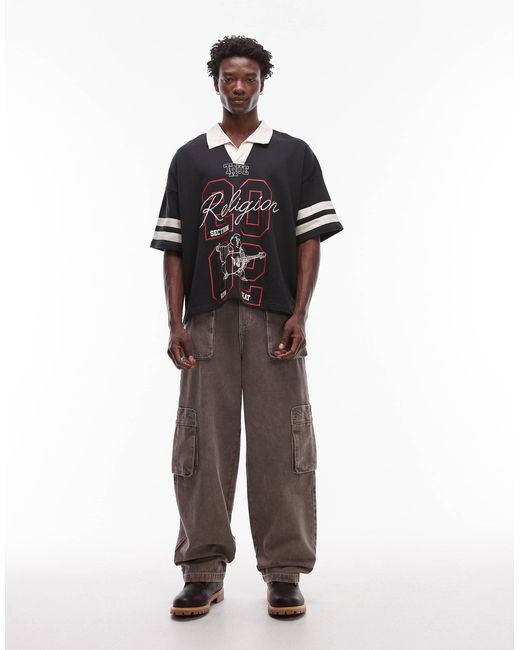 True Religion Black Oversized Contrast Collar Detail Motif Athletic Top for men