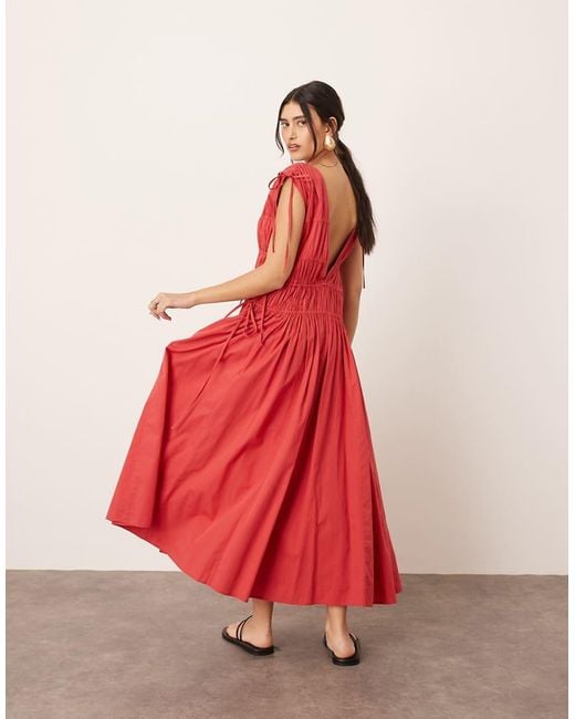 ARRANGE Red Clean Cotton Drawstring Detail Trapeze Midi Dress With Pockets