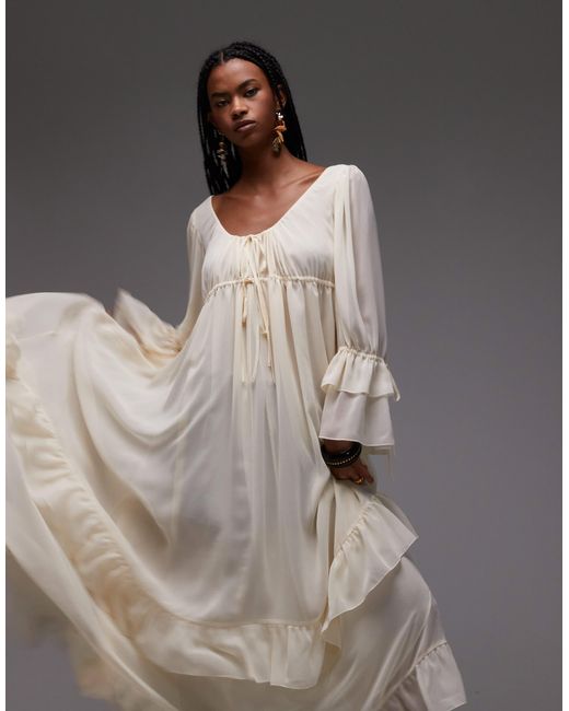 ASOS Gray Chiffon Soft Volume Tie Front Maxi Dress