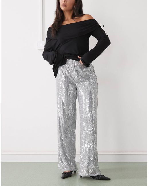 Noisy May Gray High Waist Pull On Sequin Trousers
