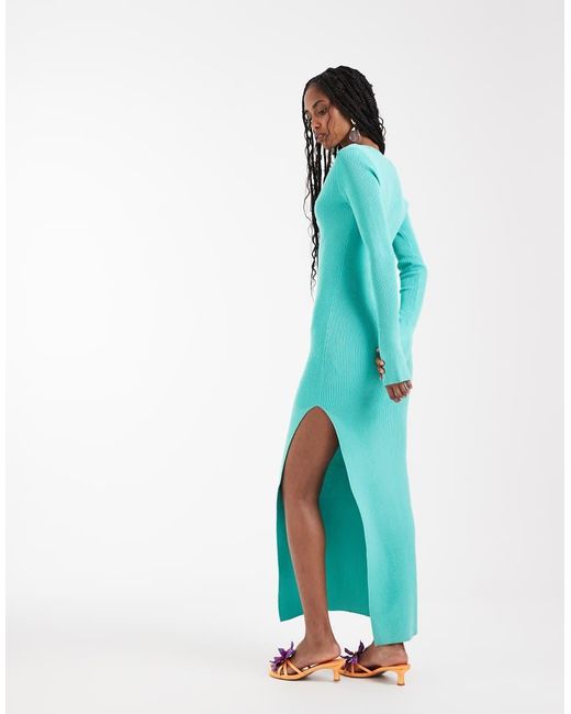 Kaiia Blue Exclusive Ribbed Knit Plunge V-neck Flared Sleeve Thigh Split Maxi Dress
