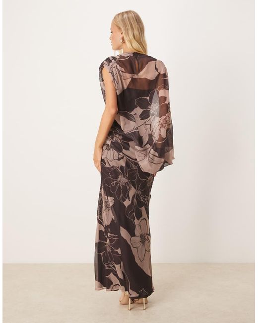 ASOS Hoogsluitende Gedrapeerde Asymmetrische Maxi-Jurk Met Uitsnijding Met Bloemenprint in het Natural