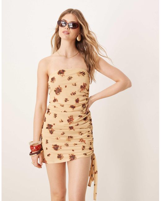 ASOS Natural Mesh Bandeau Mini Dress With Ruched Side