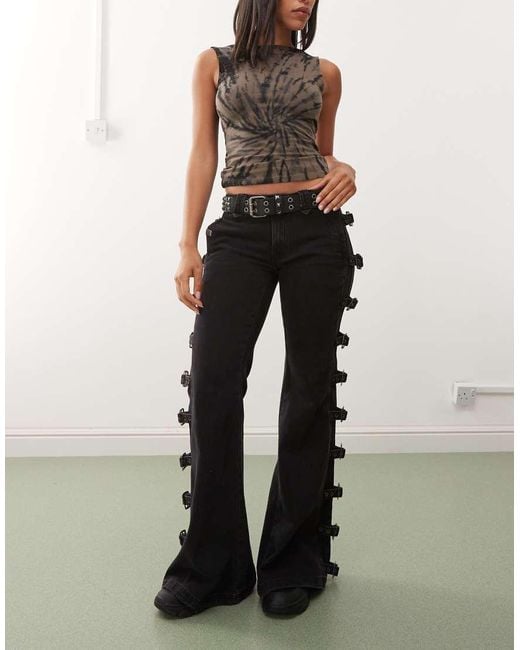 Minga Black London Buckle Up Strap Flared Jeans