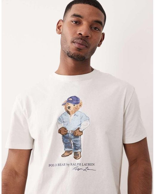Polo Ralph Lauren White Chest Print Denim Polo Bear T-shirt for men