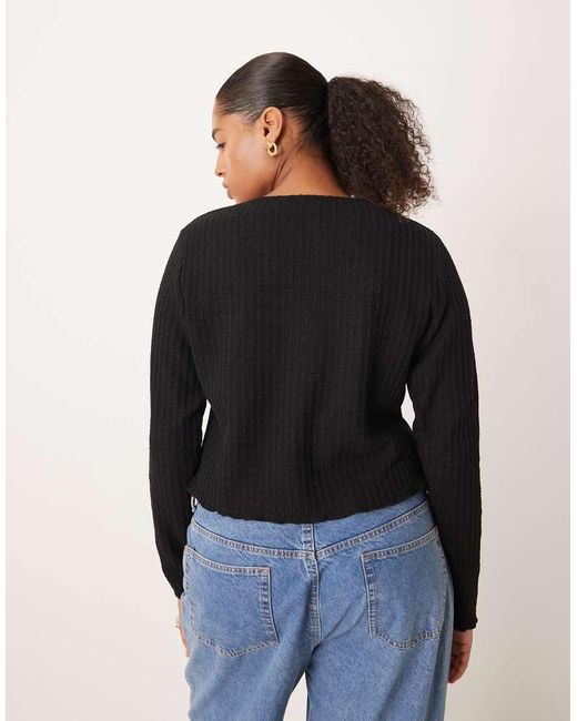 ASOS Black Asos Design Curve Textured Button Through Long Sleeve Top