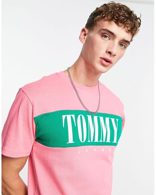 Pink T-shirt Men Tommy Hilfiger Logo Block | for Lyst Fit Serif Classic Colour in