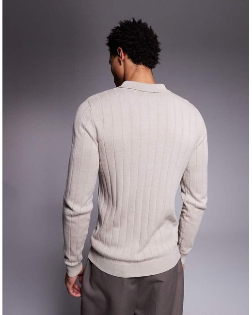 ASOS Gray Muscle Fit Long Sleeve Knitted Rib Polo for men