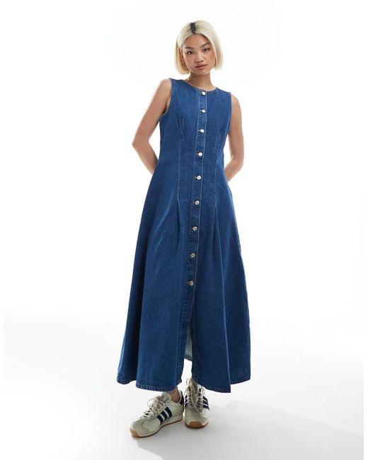 Vestito Lungo Di Jeans Con Bottini E Pieghe di ASOS in Blue