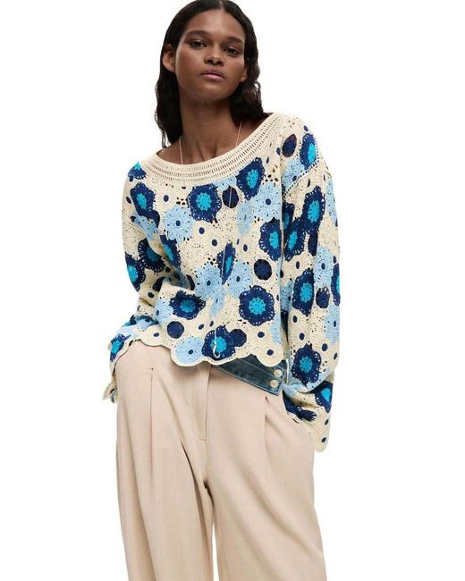 Desigual Blue Crochet Sweater With Flowers