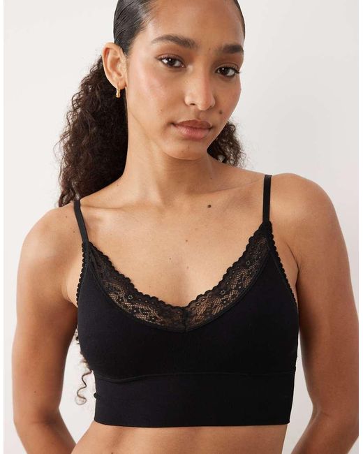 Cotton On Black Seamless Longline Lace Trim Bralette