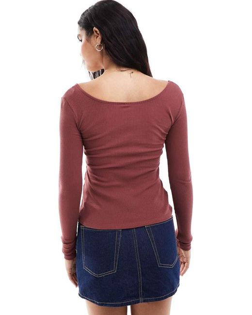 Pieces Red Ribbed Popper Front Long Sleeve Top