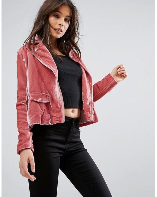 Missguided Pink Velvet Biker Jacket