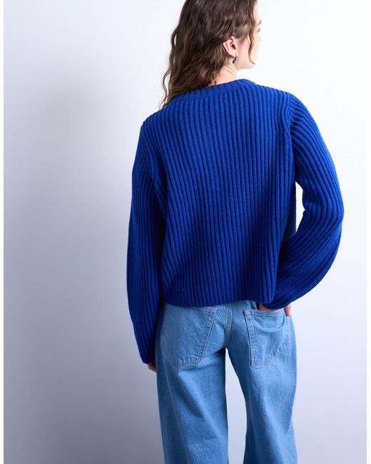TOPSHOP Blue Knit Ribbed Crew Relaxed Button Cardigan