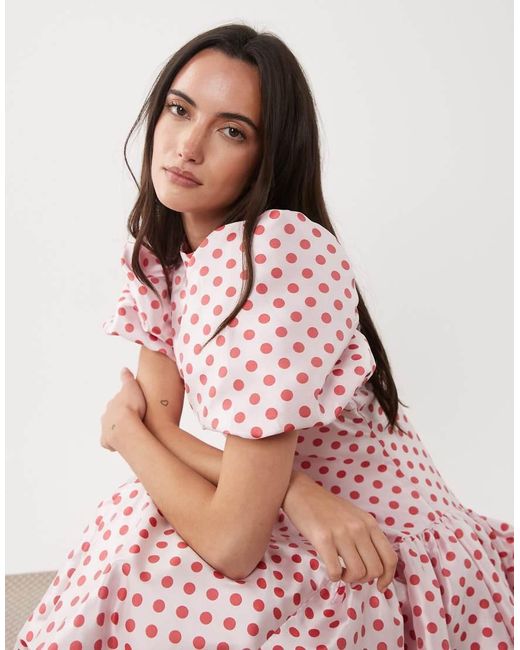 Sister Jane Pink Dream Polka Dot Jacquard Puff Sleeve Bubble Hem Midi Dress