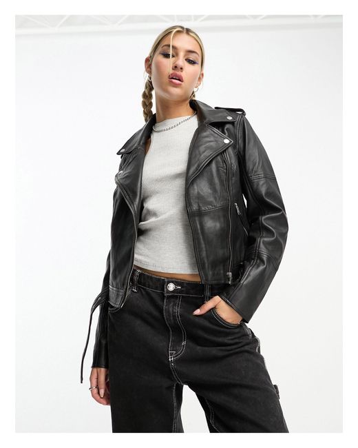 Urbancode Real Leather Biker Jacket With Belt in Black | Lyst
