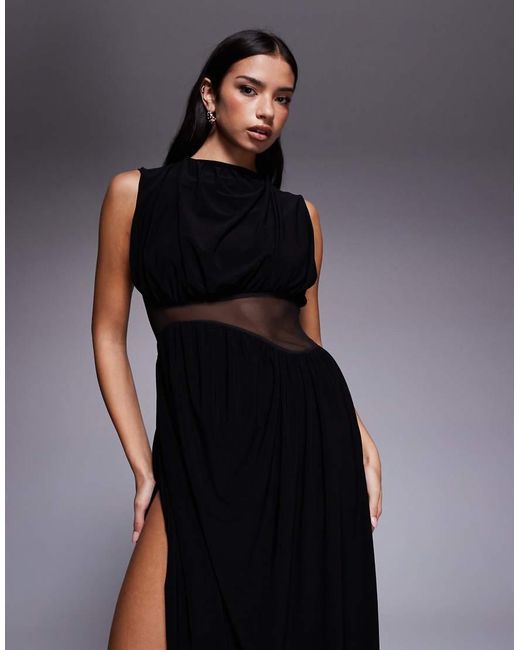 ASOS Black Midi Dress With Cowled Skirt And Mesh Cut Out Detailing